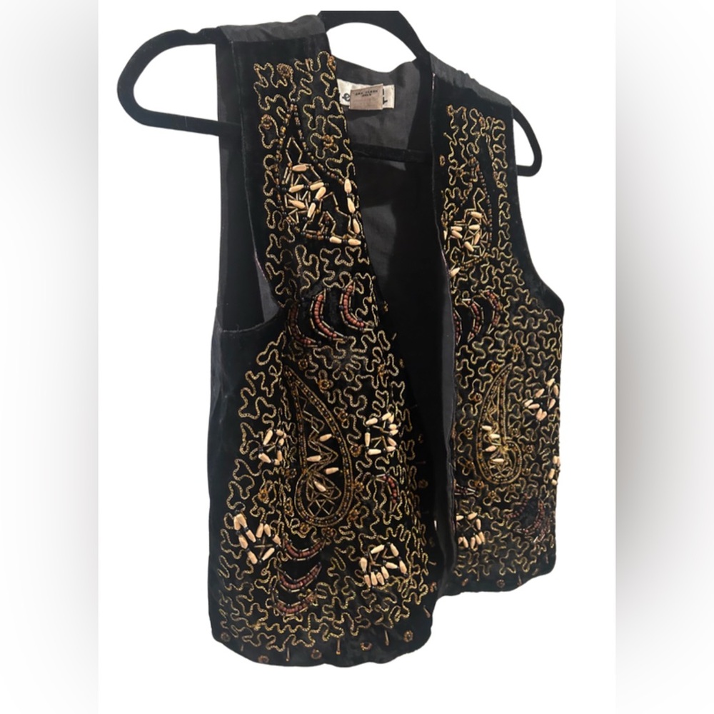 Vintage Beaded Boho Open Front Vest | Black/Brown | Size Small